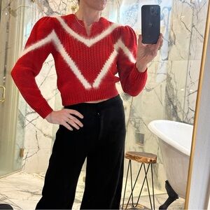 Vintage Cezanne | M | Red & White oversized shoulder cropped split neck sweater